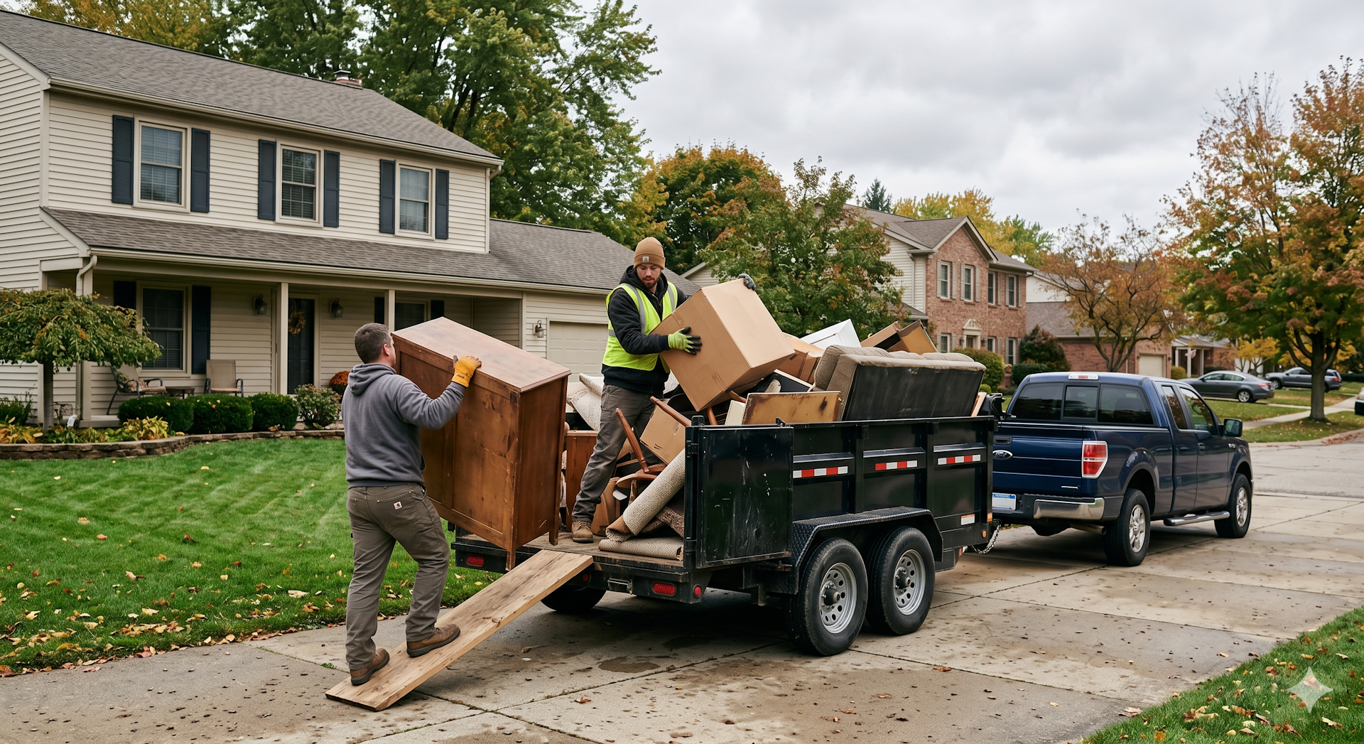 Junk removal crew loading a dump trailer serving Sylvania, OH
